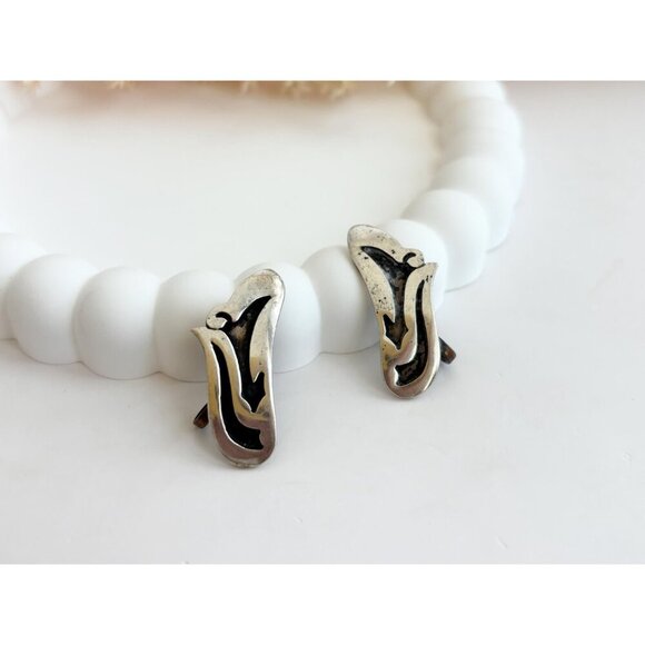 Hopi Overlay Alpaca Sterling Silver Modernist Freeform Mexican Studs - Picture 3 of 8